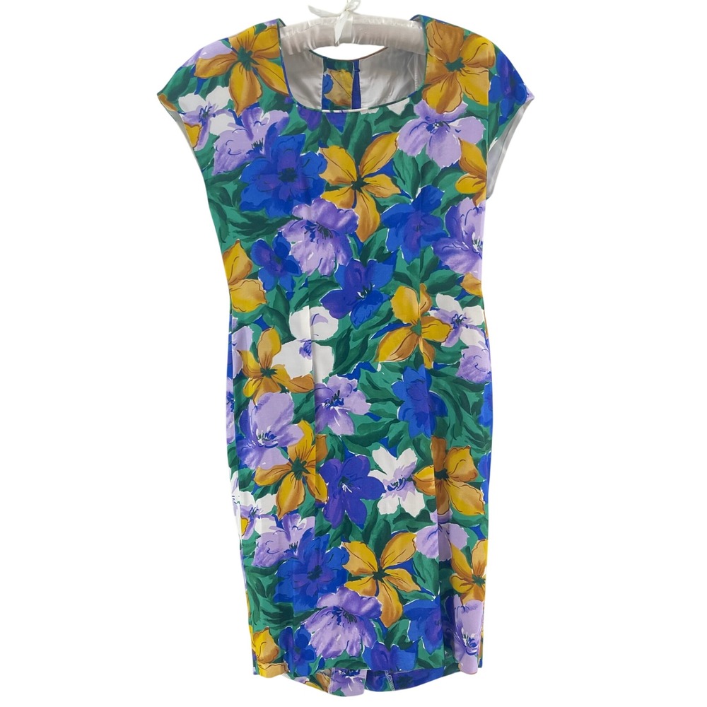 Vintage 80s Spring Wedding Guest Dress 6 Blue Floral Sheath‎ Button Back Midi